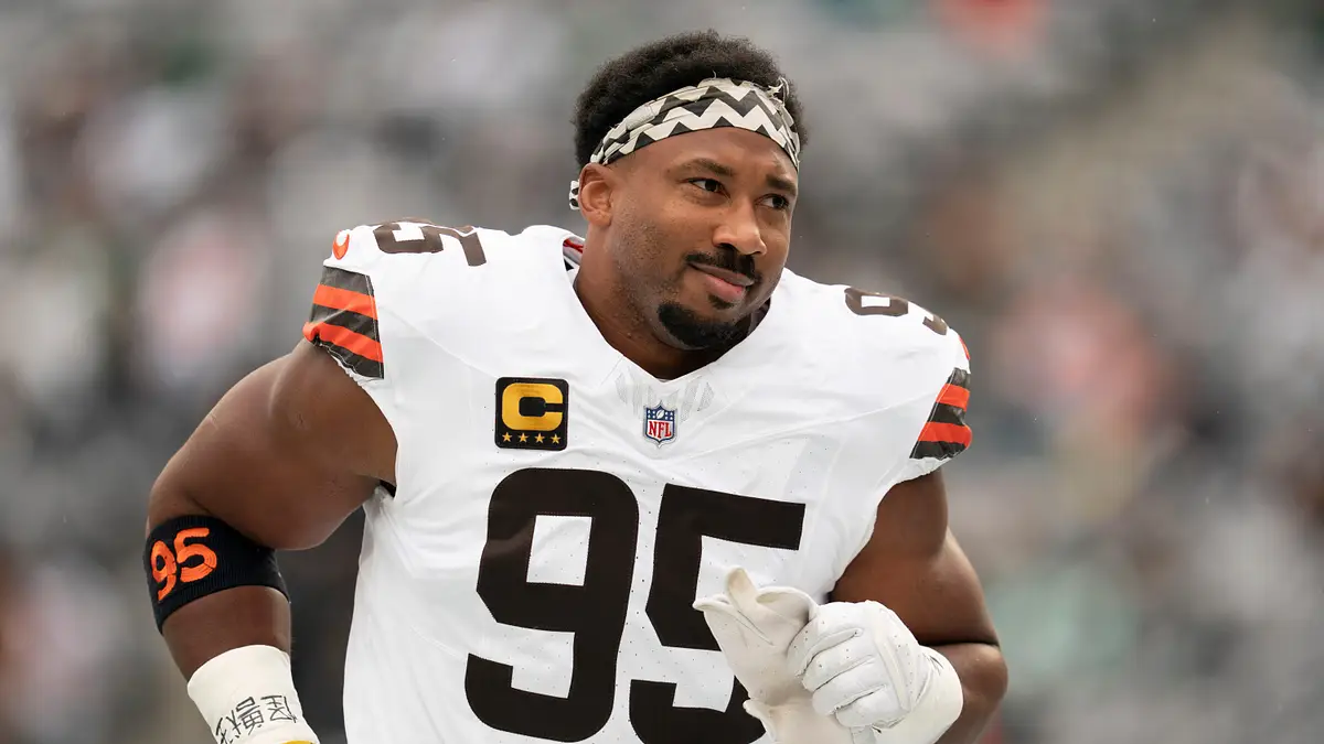 Myles Garrett pressuring a quarterback during an NFL game