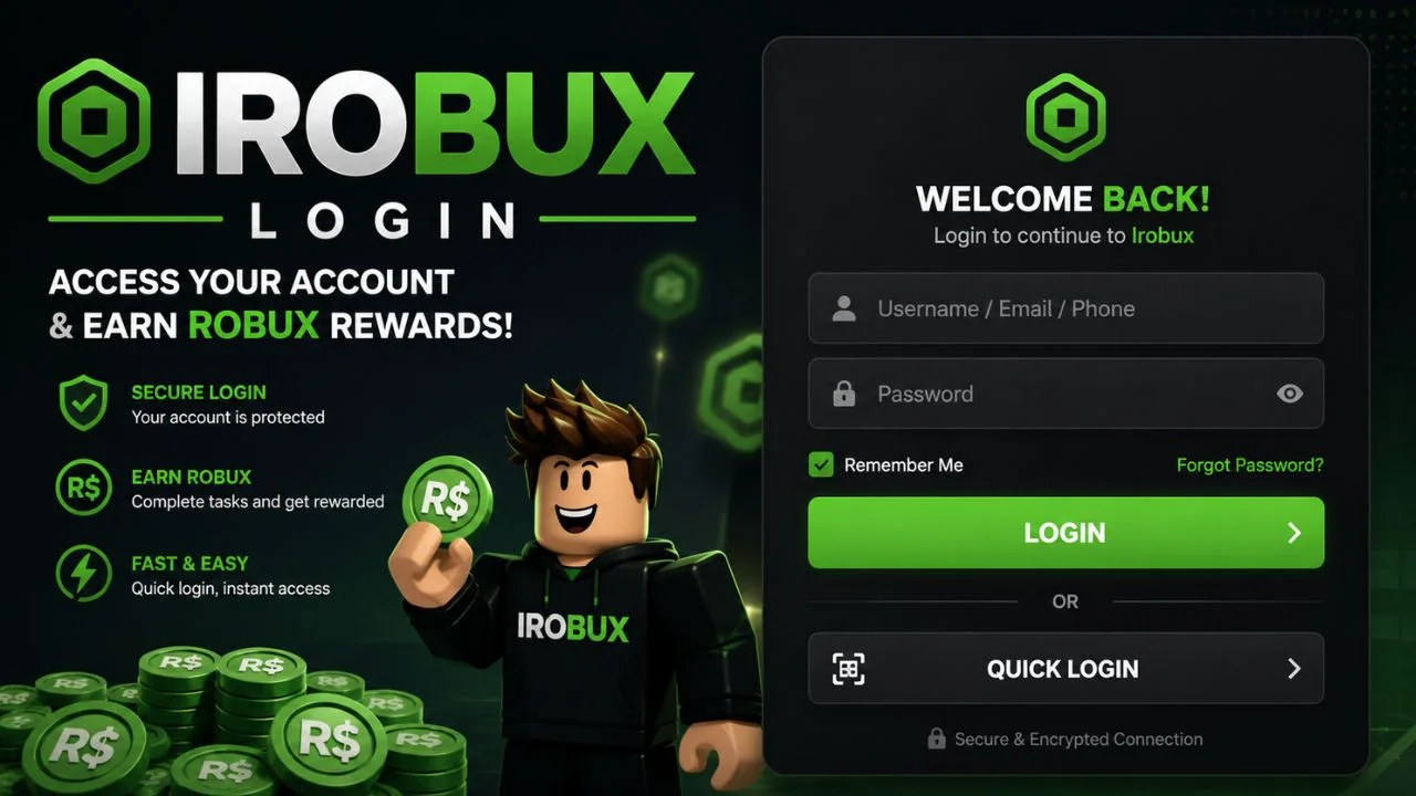 Irobux login page displayed on a digital device showing account sign-in and user access features