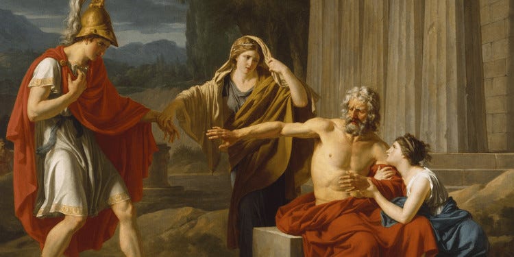 Ancient Greek tragedy of Oedipus illustrating the mythological story that inspired the psychological concept of the Oedipus complex